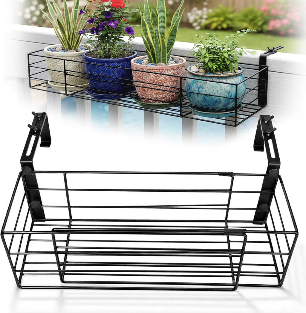 Youyole Railing Hanging Planter Holders, Adjustable Balcony Flower Pot Rack Stand, Expands 14"-27" Iron Hanger Hooks Fit Almost Any Balcony, Fence or Deck Railing up to 6" Wide(Black)