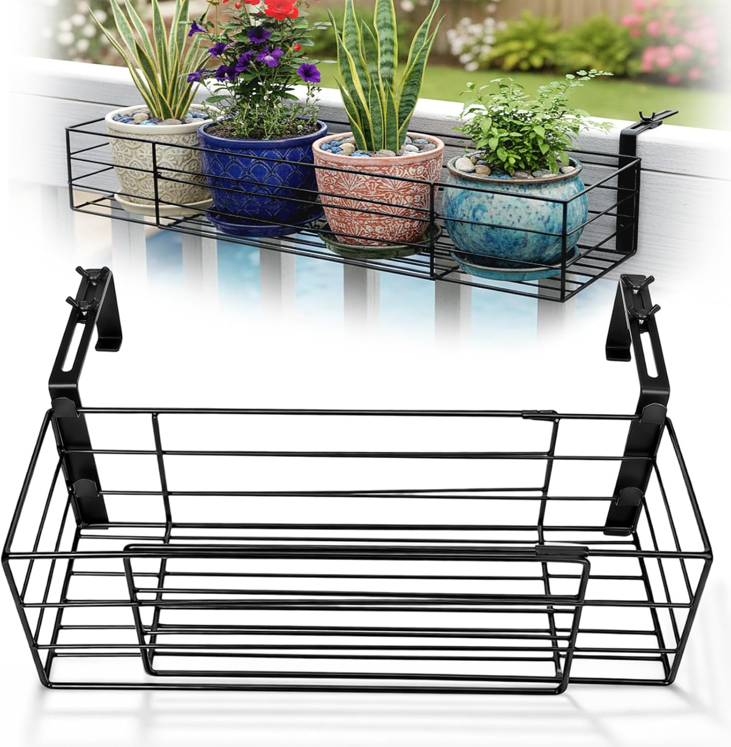 Youyole Railing Hanging Planter Holders, Adjustable Balcony Flower Pot Rack Stand, Expands 14"-27" Iron Hanger Hooks Fit Almost Any Balcony, Fence or Deck Railing up to 6" Wide(Black)