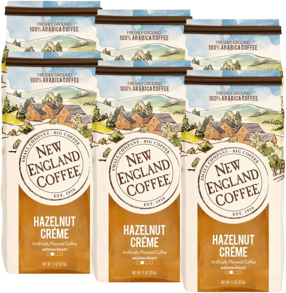 New England Coffee Hazelnut Creme Medium Roast Ground Coffee, 11oz Bag (Pack of 6)