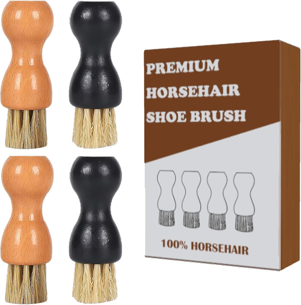 Horsehair Shoe Shine Applicator Brush Set - 4 Pack Wooden Handle Brushes for Leather Care, Boots, and Accessories - Light & Dark Wood Handles (Gourd Brush 4pcs)