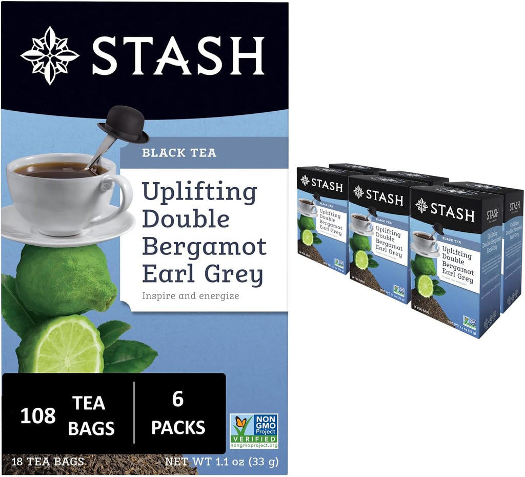 Stash Tea Double Bergamot Earl Grey Black Tea - Caffeinated, Non-GMO Project Verified Premium Tea with No Artificial Ingredients, 18 Count (Pack of 6) - 108 Bags Total