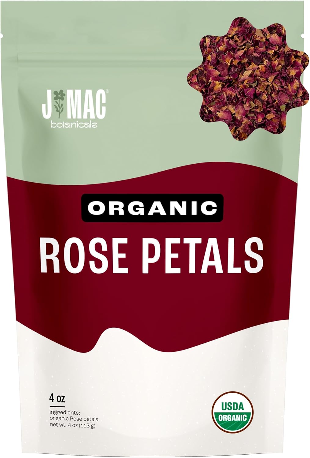 J MAC BOTANICALS, Organic Rose Petals (4 oz) Certified USDA Organic, edible, culinary grade dry rose petal, herbal tea, cooking and crafts