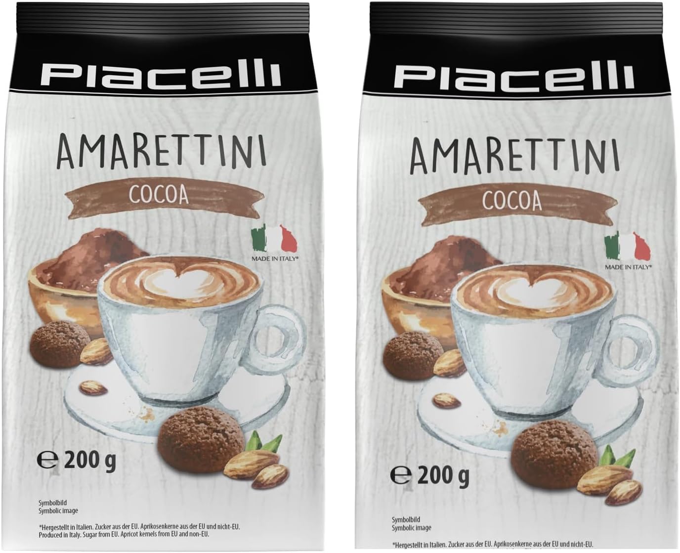 PIACELLI Amaretti Coca Biscuits - Authentic Italian Cookies with Almond, Apricot Kernels & Rich Cocoa Flavor - Crunchy Snack for Desserts & Coffee Pairings - Pack of 2 (200g each)