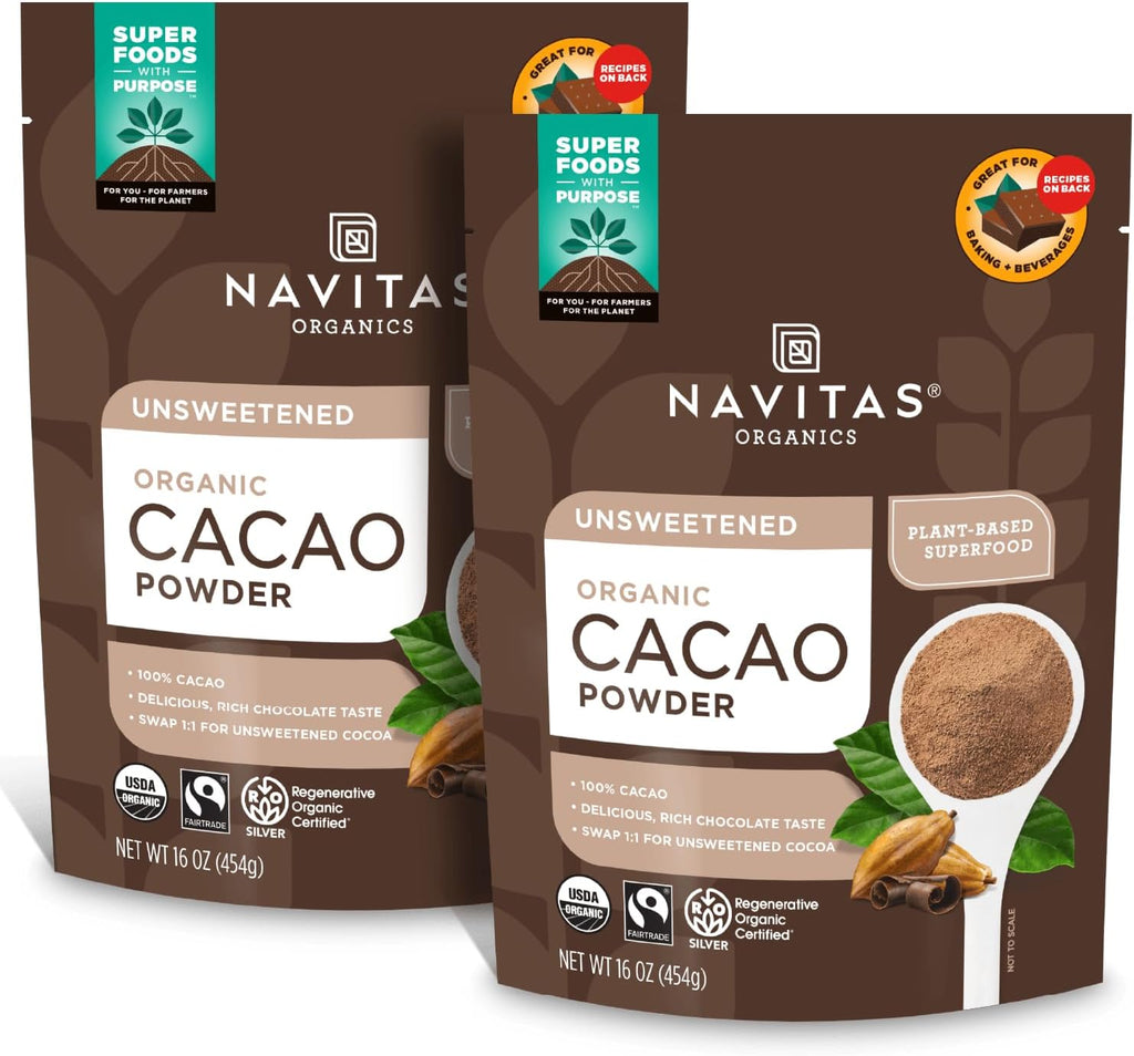 Navitas Organics Cacao Powder - Cocoa Powder Substitute 1:1, For Hot Chocolate, Baking & More - Regenerative Organic Certified, Non GMO, Fairtrade, Gluten Free, Non-alkalized (16oz. Bag, Pack of 2)