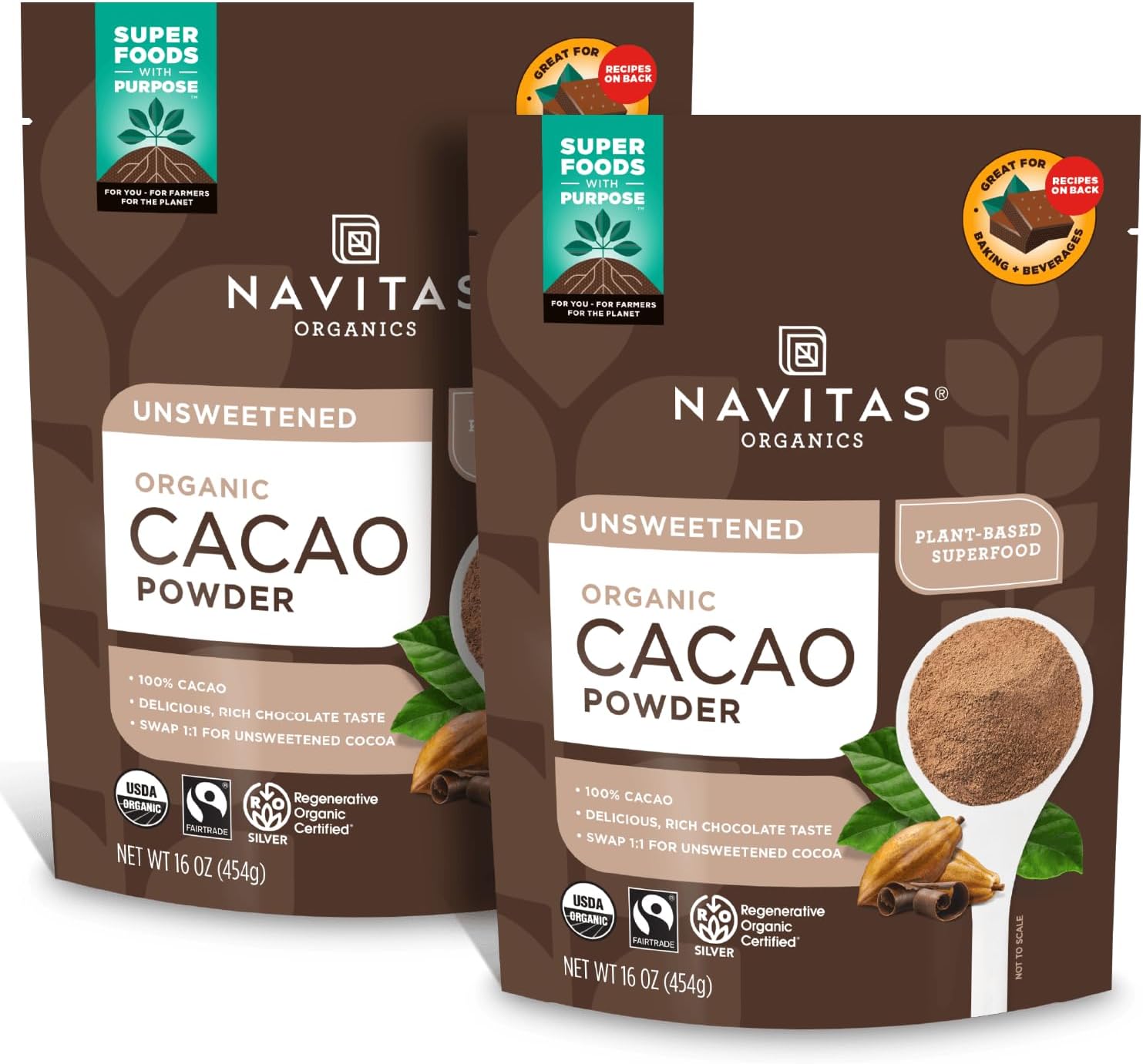 Navitas Organics Cacao Powder - Cocoa Powder Substitute 1:1, For Hot Chocolate, Baking & More - Regenerative Organic Certified, Non GMO, Fairtrade, Gluten Free, Non-alkalized (16oz. Bag, Pack of 2)