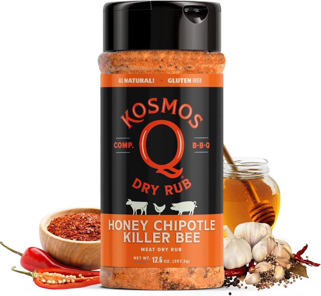 Kosmos Q Honey Chipotle Killer Bee BBQ Dry Rub, Sweet and Spicy Seasoning with Sugar, Chipotle, Garlic & Paprika for Ribs, Pulled Pork, Chicken, Dry Rub For Smoking & Grilling, 12.6 Oz Shaker Bottle