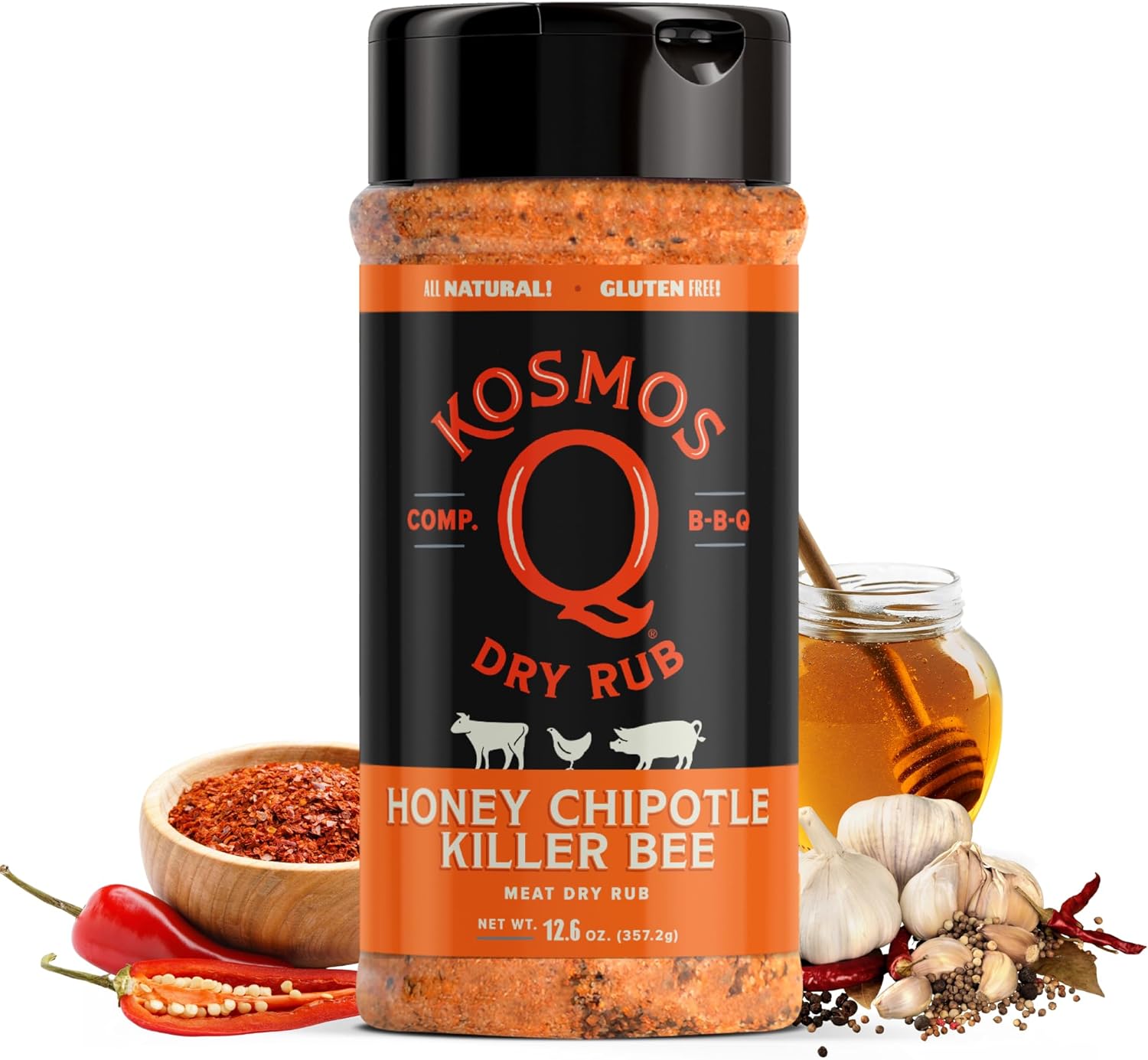 Kosmos Q Honey Chipotle Killer Bee BBQ Dry Rub, Sweet and Spicy Seasoning with Sugar, Chipotle, Garlic & Paprika for Ribs, Pulled Pork, Chicken, Dry Rub For Smoking & Grilling, 12.6 Oz Shaker Bottle
