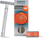 MERKUR 22C Double Edge Safety Razor - Matte Chrome | Long Knurled Brass Handle | Made in Germany | Plastic-Free | Three Piece Design | Closed Comb | Straight Bar