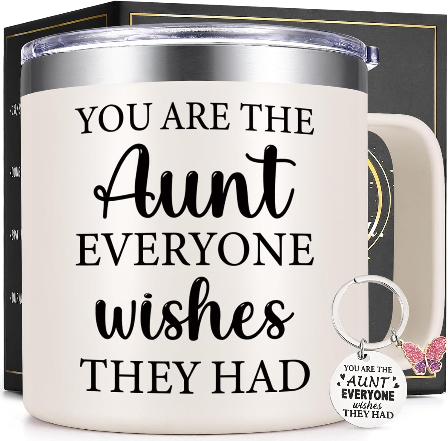 Lifecapido Aunt Gifts, You Are The Aunt Everyone Wishes They Had 14oz Insulated Coffee Mug with Keychain, Birthday Christmas Mothers Day Gifts for Aunts Auntie, White