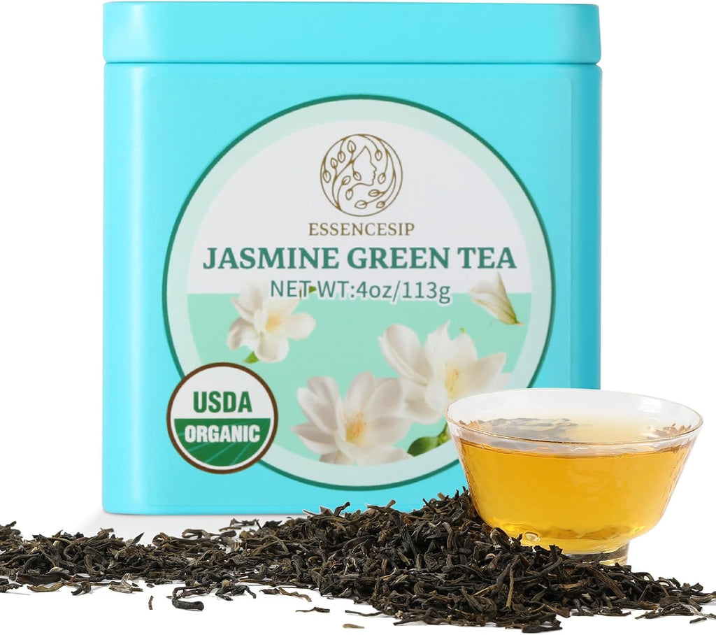 Essencesip Organic Jasmine Green Tea Loose Leaf, 4oz Tin – Scented 5x with 6,000 Fresh Jasmine Blossoms, Low Caffeine, Antioxidant-Rich