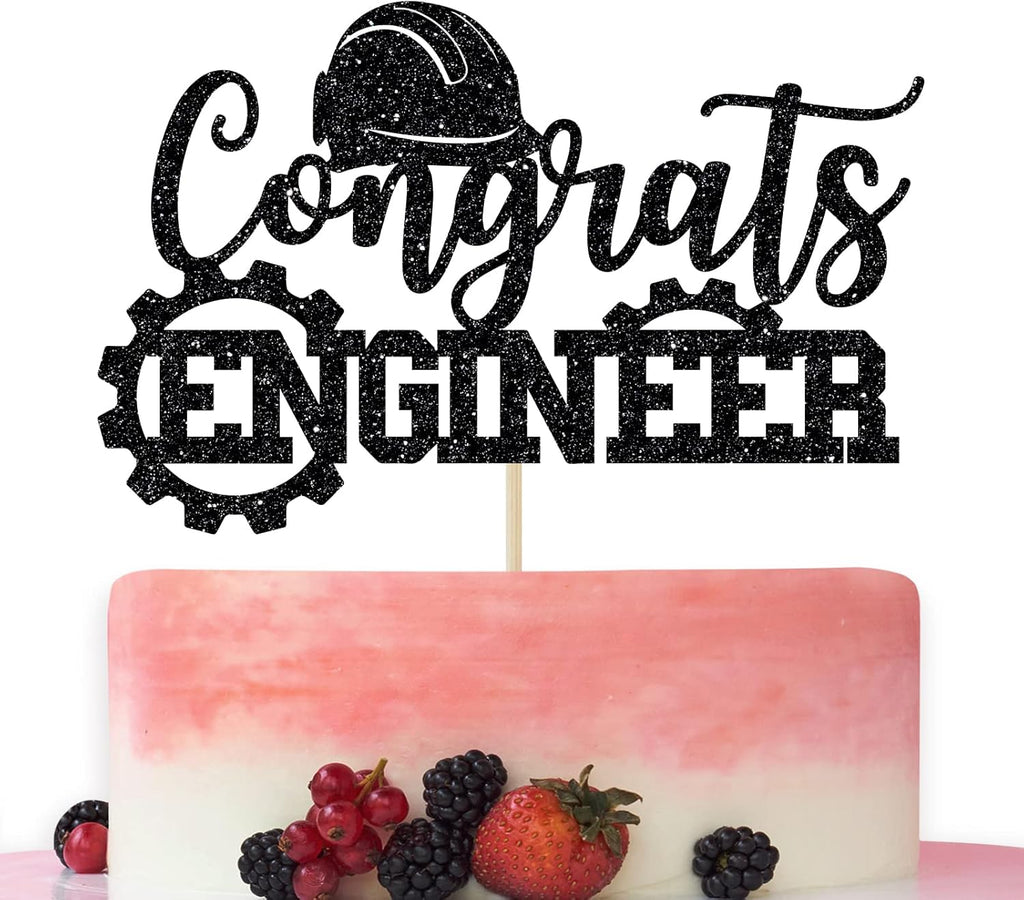 Congrats Engineer Cake Topper, Future Engineer Decor, Class of 2026 Engineer Graduation Party Decoration Supplies Black Glitter