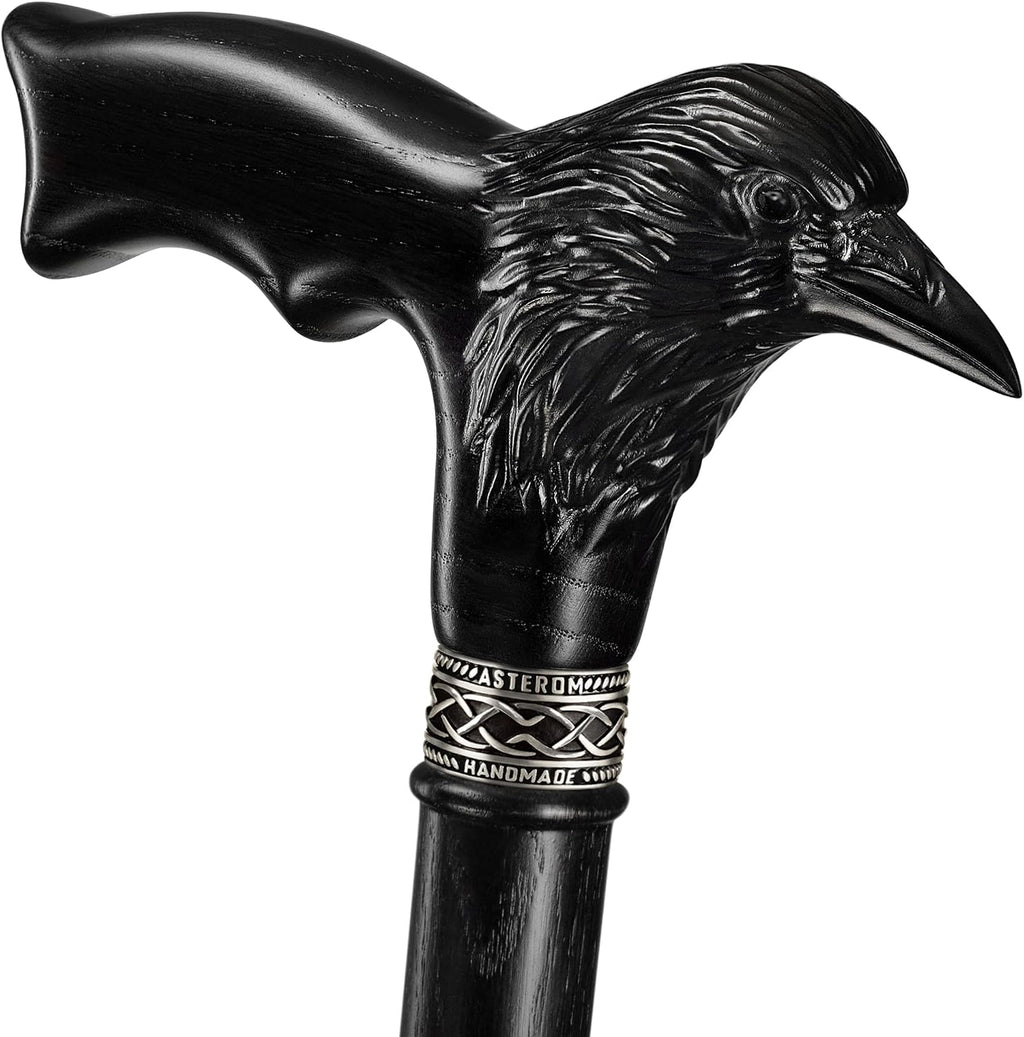 Asterom Handmade Wooden Carved Walking Cane for Men and Women - Raven - Stylish Walking Stick Gothic Crow Cane