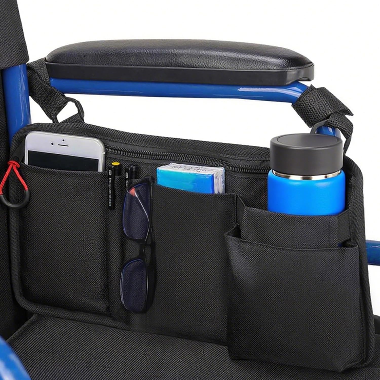 LIGHTMEUP Wheelchair Side Bag with Cup Holder - Wheelchair Armrest Pouch Accessories for Adults, Storage Bags to Hang on Side Oversized Zipper Pull for Electric Wheelchair Walker Rollator Scooter