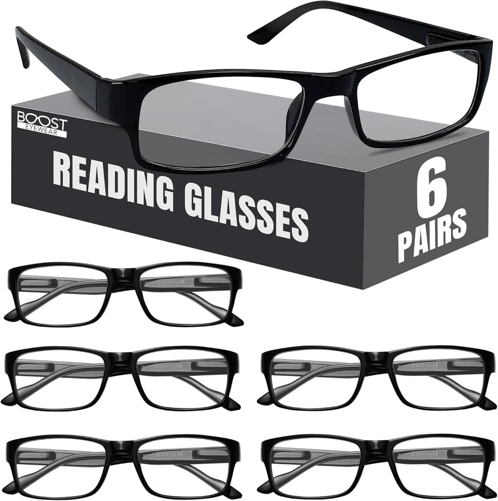 Boost Eyewear 6 Pack Reading Glasses, Traditional Black Frames, for Men and Women, with Comfort Spring Loaded Hinges, Black, 6 Pairs (+2.50)