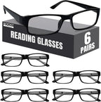 Boost Eyewear 6 Pack Reading Glasses, Traditional Black Frames, for Men and Women, with Comfort Spring Loaded Hinges, Black, 6 Pairs (+1.50)