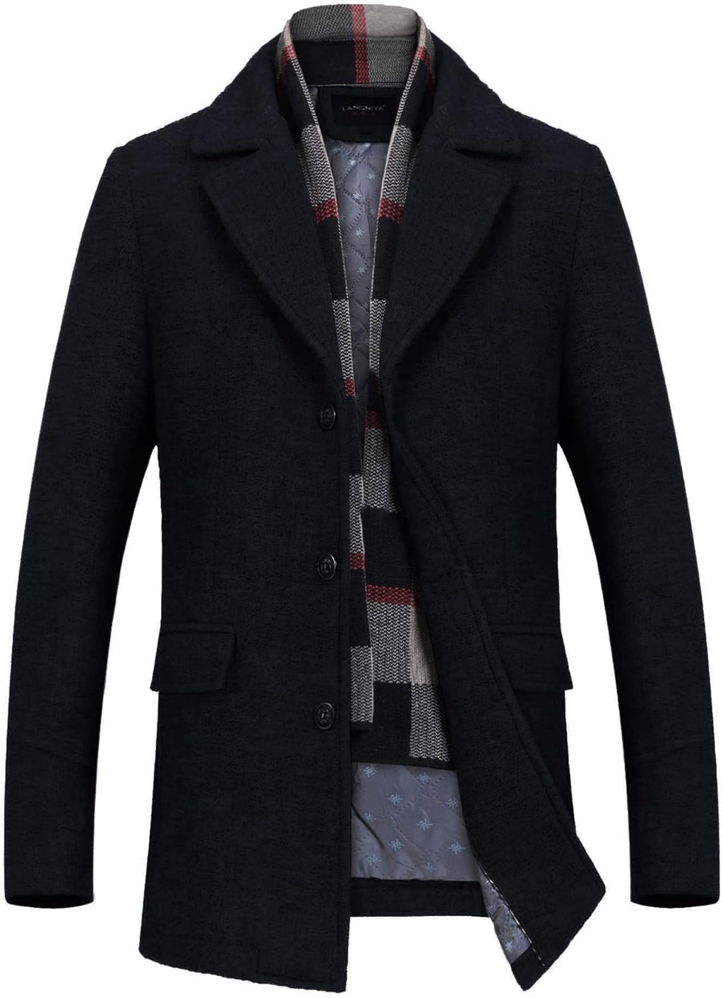 INVACHI Mens Wool Blend Coat Winter Trench Coat with Detachable Soft Scarf Single Breasted Overcoat