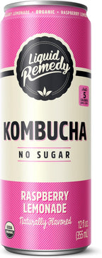 Liquid Remedy Kombucha Sugar Free Organic Drink, Low Calorie, Probiotic Like Tea for Gut Health - Raspberry Lemonade - 12 Fl Oz Can