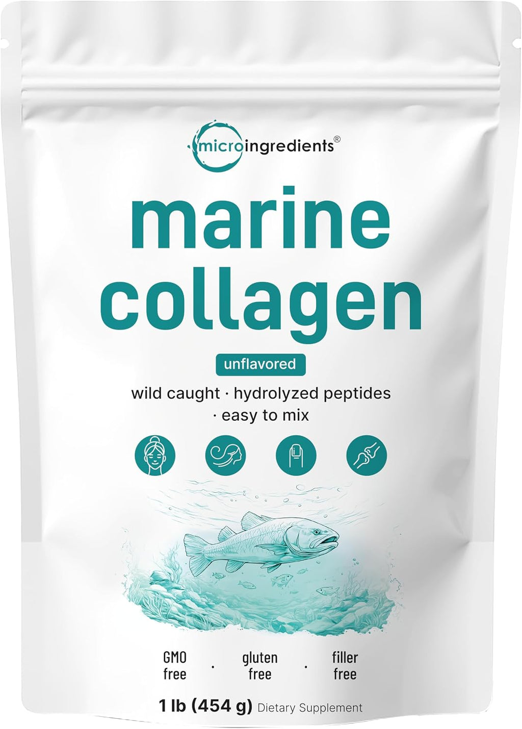 Micro Ingredients Marine Collagen Peptides Powder, 1 lb | Type I Marine Collagen + Natural Protein | Wild-Caught Fish Source | Unflavored | Pescatarian, Non-GMO