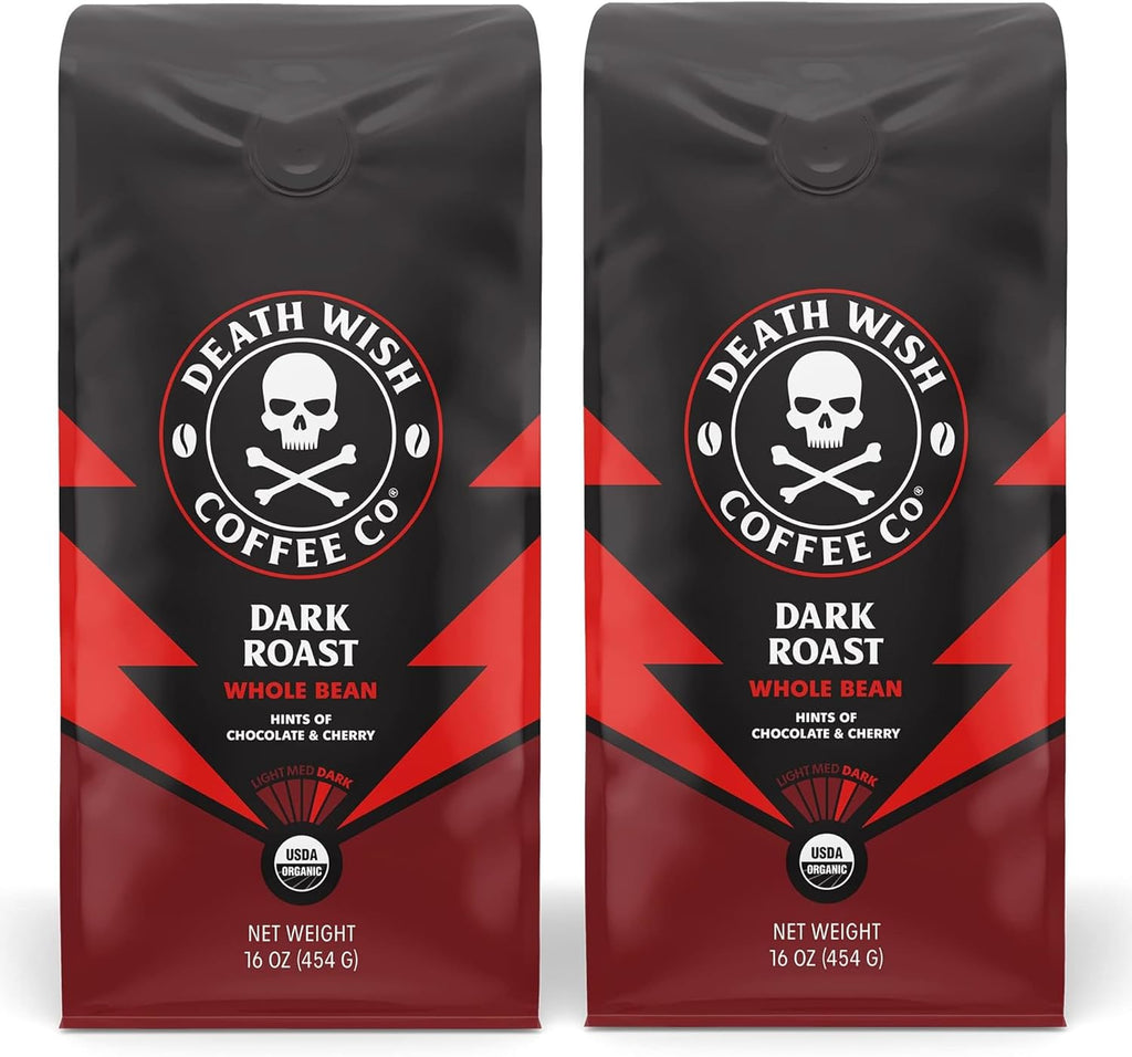 Death Wish Coffee, Whole Bean Dark Roast - USA Organic Coffee Beans Bundle/Bulk - Fair Trade Arabica & Robusta - 16 Ounce (Pack of 2)