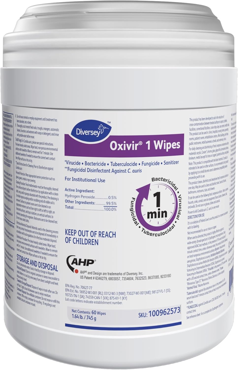 Oxivir Diversey 1 Disinfectant Wipes, AHP Hydrogen Peroxide Cleaner, Multi-Surface Cleaner for Home & Commercial Use, Large Wipes, 60 Count Canister