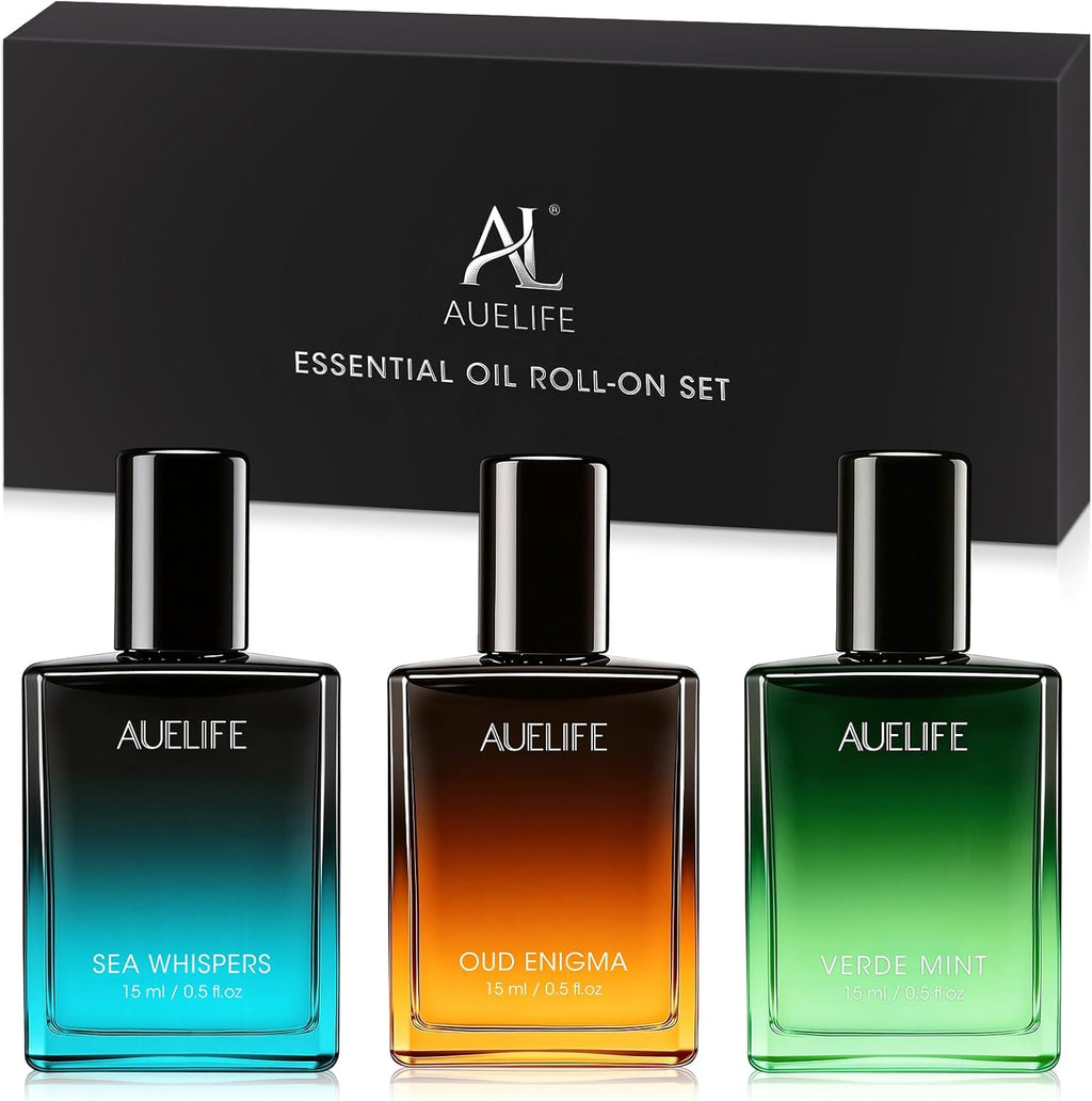 3 x 15ml Roll-On Essential Oil Set for Men – Refreshing Peppermint, Soothing Sandalwood & Earthy Oud Rollerball Oils – Aromatherapy for Relax, Focus & Energy –Gift Set for Him for Work, Travel & Home