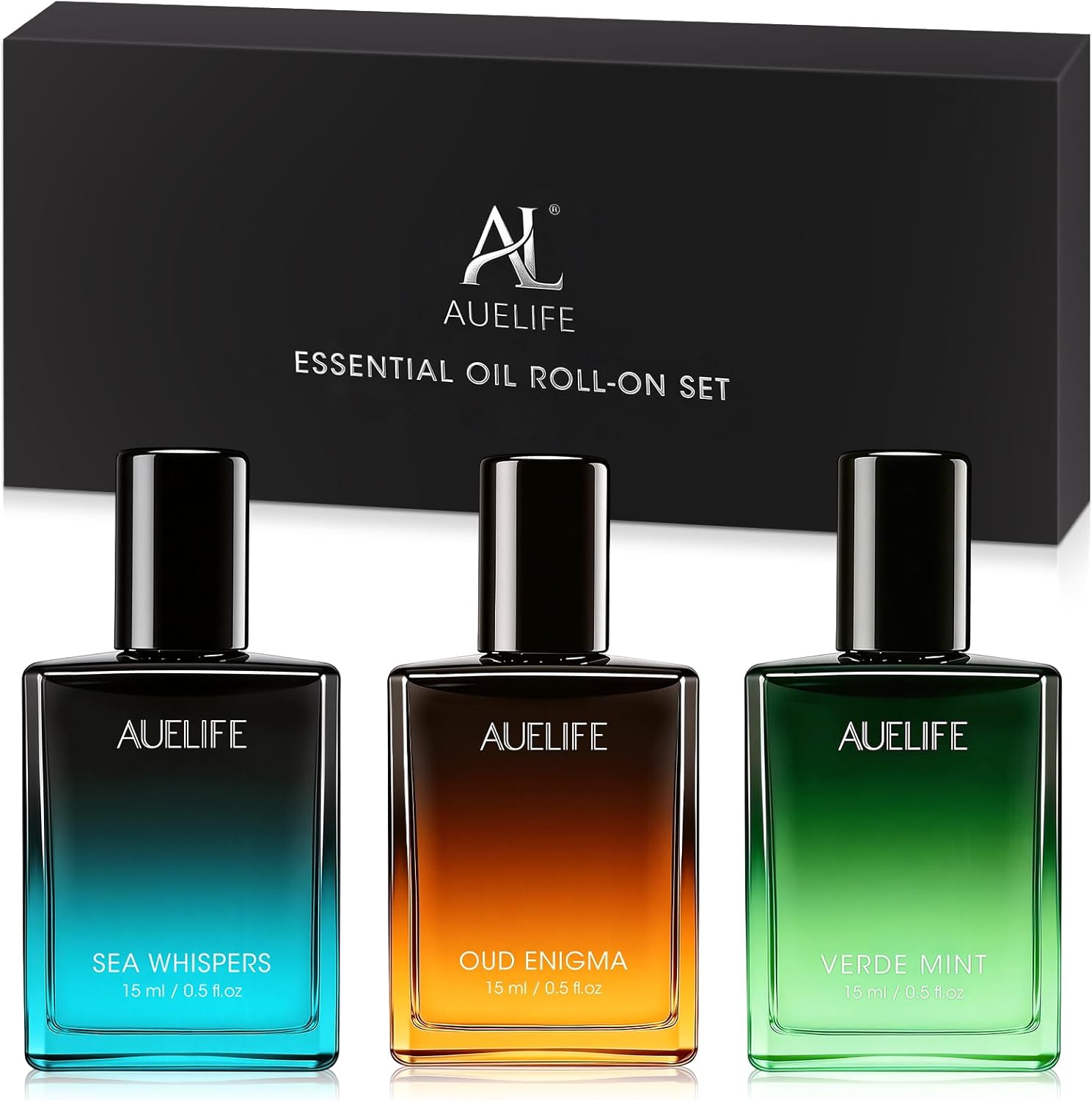 3 x 15ml Roll-On Essential Oil Set for Men – Refreshing Peppermint, Soothing Sandalwood & Earthy Oud Rollerball Oils – Aromatherapy for Relax, Focus & Energy –Gift Set for Him for Work, Travel & Home
