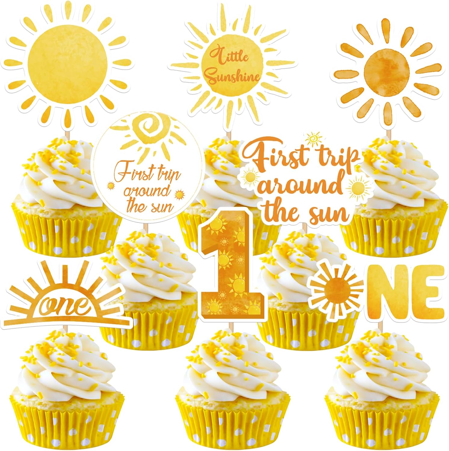 Weecent 48 Pcs First Trip Around The Sun Cake Topper, Sunshine Cupcake Toppers Sun Cupcake Toppers 1st Birthday Decorations for Girls 1st Trip Around The Sun Birthday Party Supplies