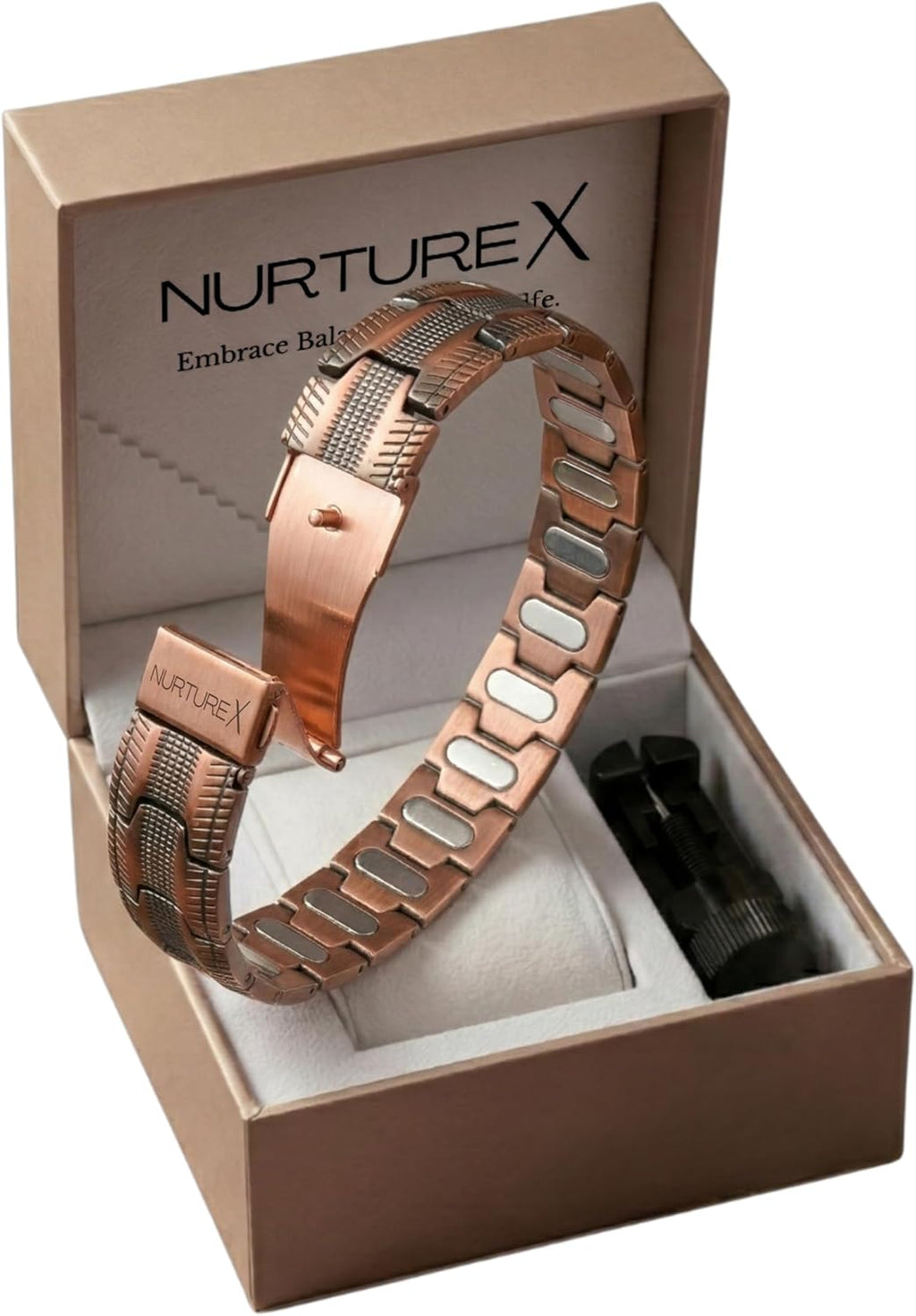 Therapeutic Pure Copper Magnetic Bracelet for Men, Ultra Powerful Gauss Adjustable Magnet Therapy Bracelet with Fold Over Clasp, Includes Sizing Tool, Extra Link Pins, Cleaning Cloth, Best Gift for Men