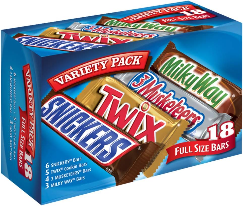 SNICKERS, TWIX, MILKY WAY & 3 MUSKETEERS Individually Wrapped Variety Pack Full Size Milk Chocolate Candy Bars Bulk Assortment, 33.31 oz, 18 Bars