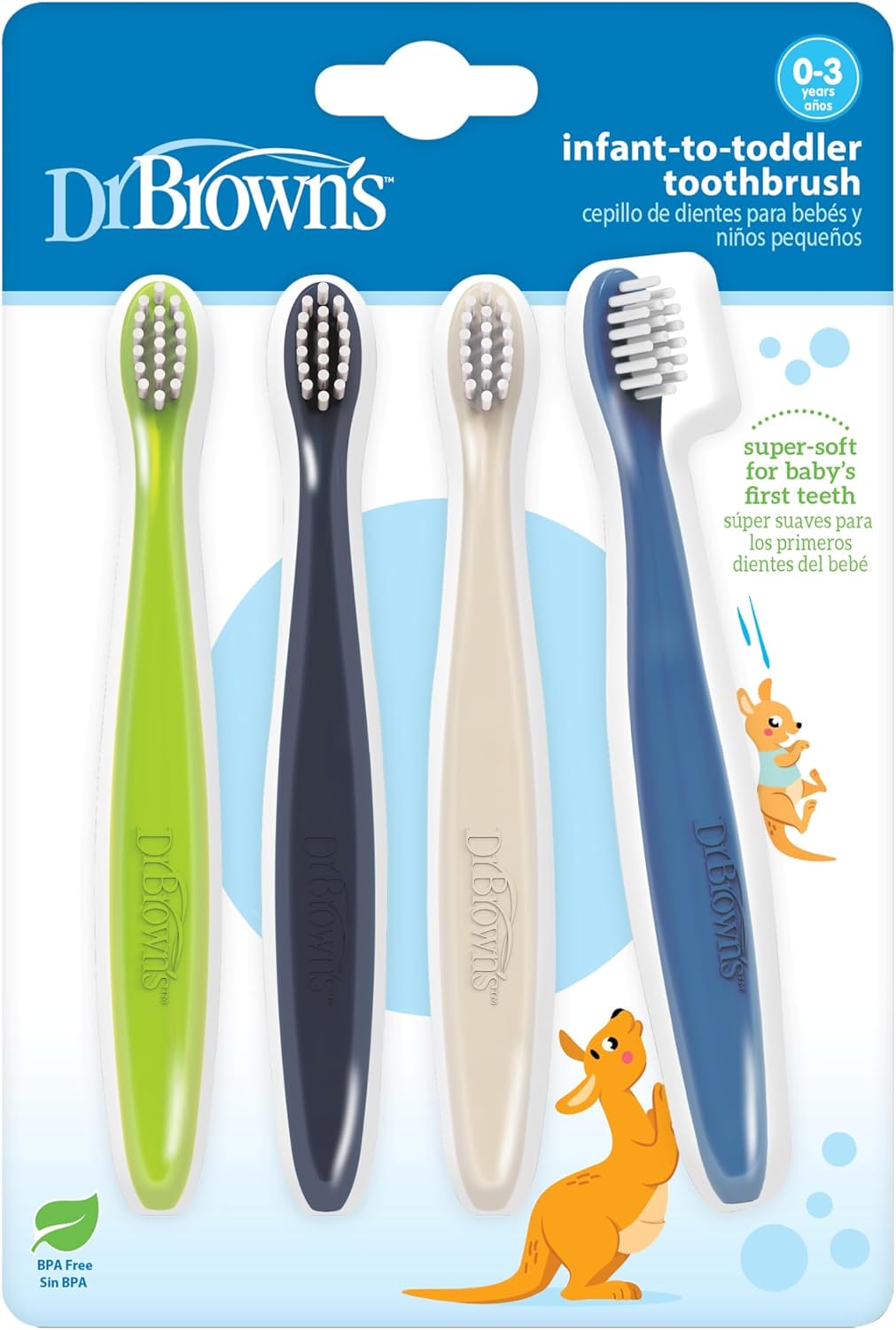 Dr. Brown's Infant-to-Toddler Toothbrush Set, Soft & Gentle Manual Toothbrushes for Baby, Green/Dark Blue/Ecru/Blue, BPA Free, 0-3 Years – 4-Pack