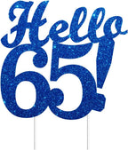 Hello 65 Cake Toppers Blue Glitter, Happy 65th Birthday Cake Decorations Cheers to 65 Years Party Decoration, Hello Sixty-five Cake Topper for 65 Year Old Theme Birthday Anniversary Party