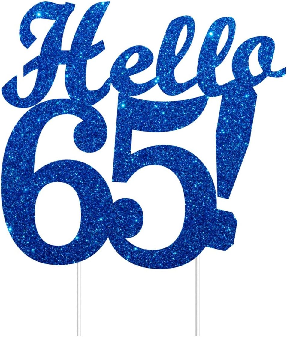 Hello 65 Cake Toppers Blue Glitter, Happy 65th Birthday Cake Decorations Cheers to 65 Years Party Decoration, Hello Sixty-five Cake Topper for 65 Year Old Theme Birthday Anniversary Party
