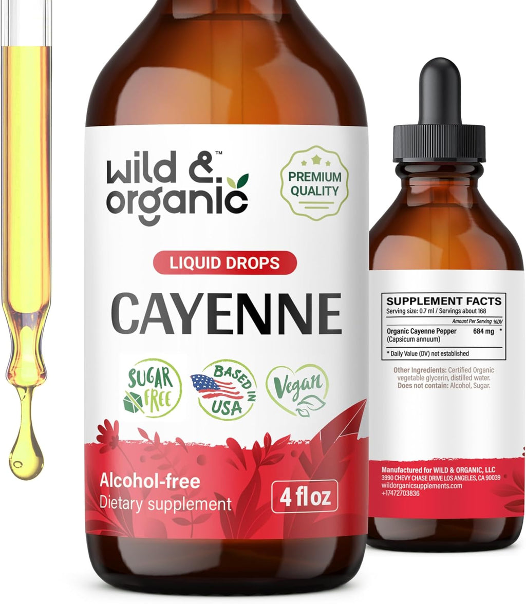 Wild & Organic Cayenne Pepper Tincture - Digestive Support with Capsaicin Extract - Cayenne Pepper Liquid Drops for Overall Well-Being - Unflavored, Vegan, Sugar & Alcohol-Free - 4 fl oz