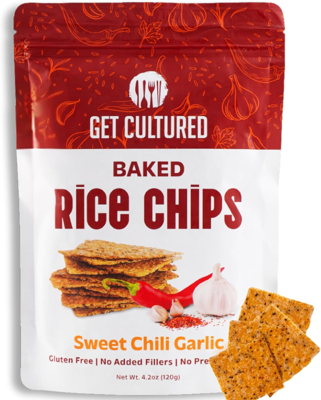 Get Cultured Sweet Chili Garlic Baked Rice Chips, Crispy and Crunchy Rice Chip Snack – Gluten & Dairy Free, No Preservatives – Healthy Snack Pack for Adults and Kids | 4.2 Oz Resealable Bag (1Pack)