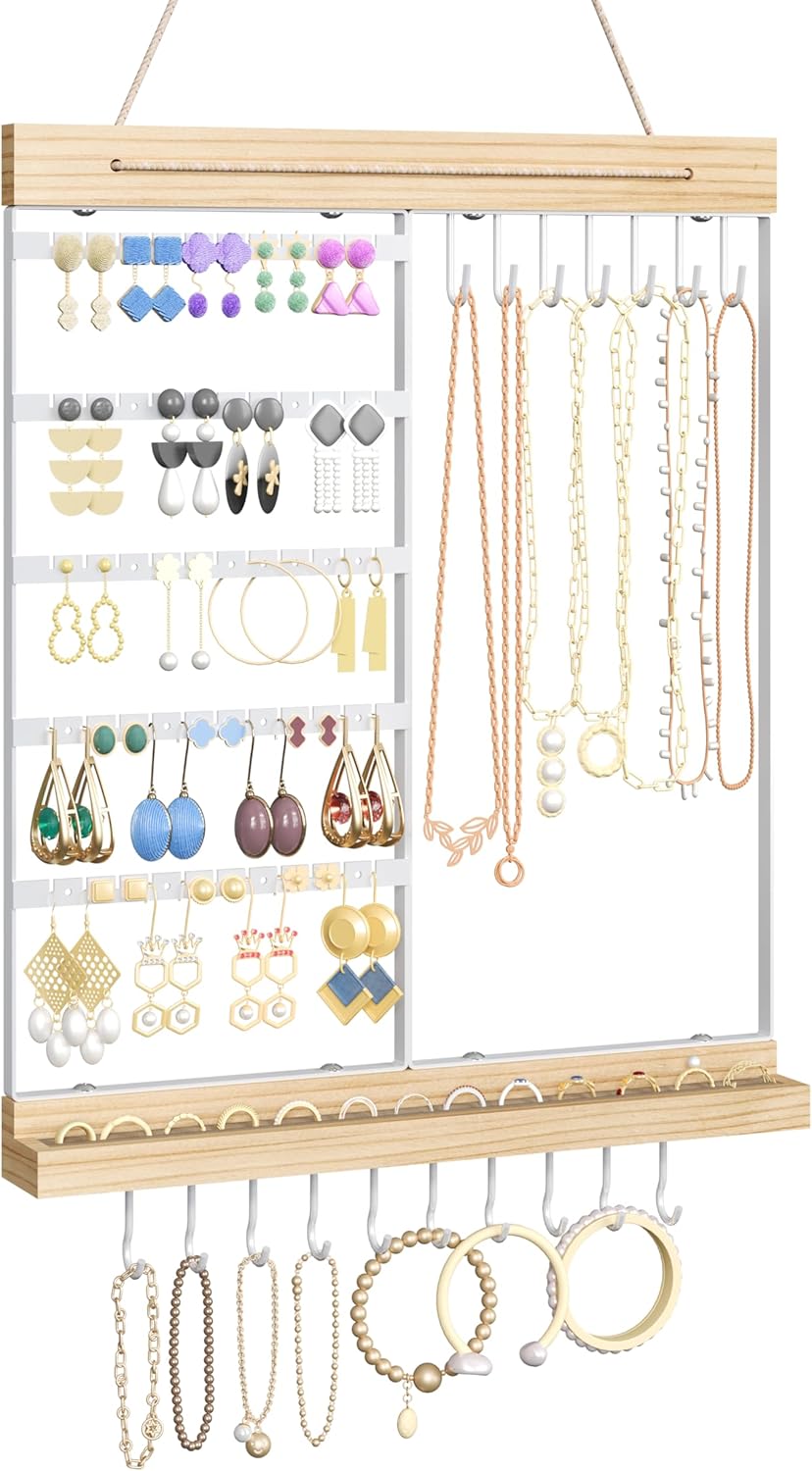 Feyejade Hanging Jewelry Organizer and Storage, 5-Tier White Earring Necklace Holder Jewelry Display Organizer Stand Rack, Wall Mounted for Earrings Necklaces Bracelets and Rings, White