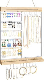 Feyejade Hanging Jewelry Organizer and Storage, 5-Tier White Earring Necklace Holder Jewelry Display Organizer Stand Rack, Wall Mounted for Earrings Necklaces Bracelets and Rings, White