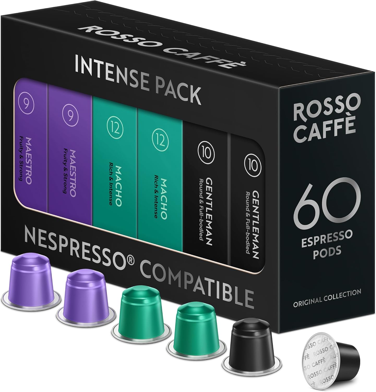 ROSSO CAFFÈ 60 Espresso Coffee Pods for Nespresso Original Machines - Pack of Rich and Bold Capsules, 3 Premium Intense Dark Flavors