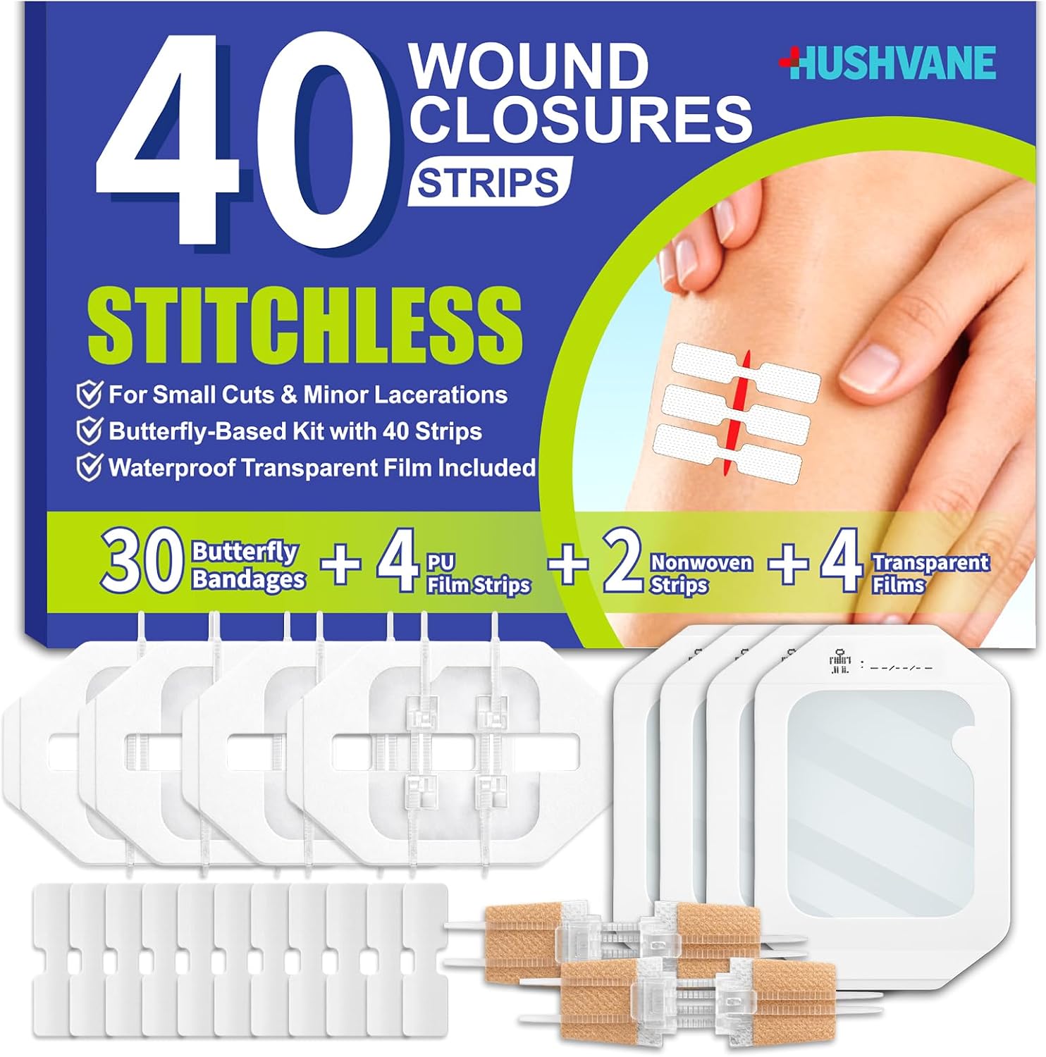 Wound Closure Strips for Skin, 40 Pack Stitchless Skin Closure Device, Alternative to Stitches for Cuts & Lacerations, Butterfly Bandages for Wound Closure, Waterproof & Breathable