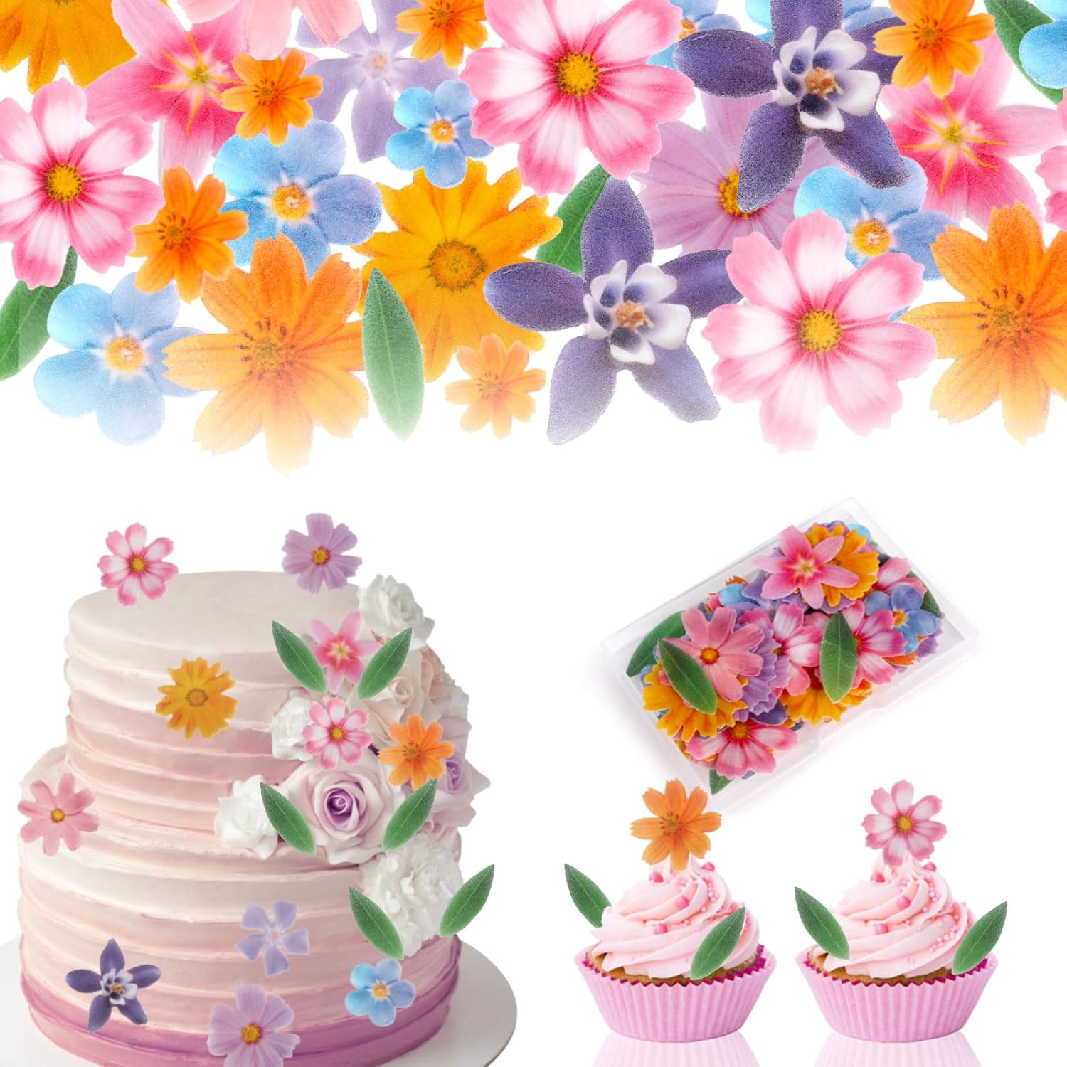 60 Pcs Edible Flowers Cake Decorations - Edible Flowers Wafer Paper Flowers & Leaves Cupcake Toppers for Wedding Birthday Party Cake Decorating (Mixed Size & Colour)