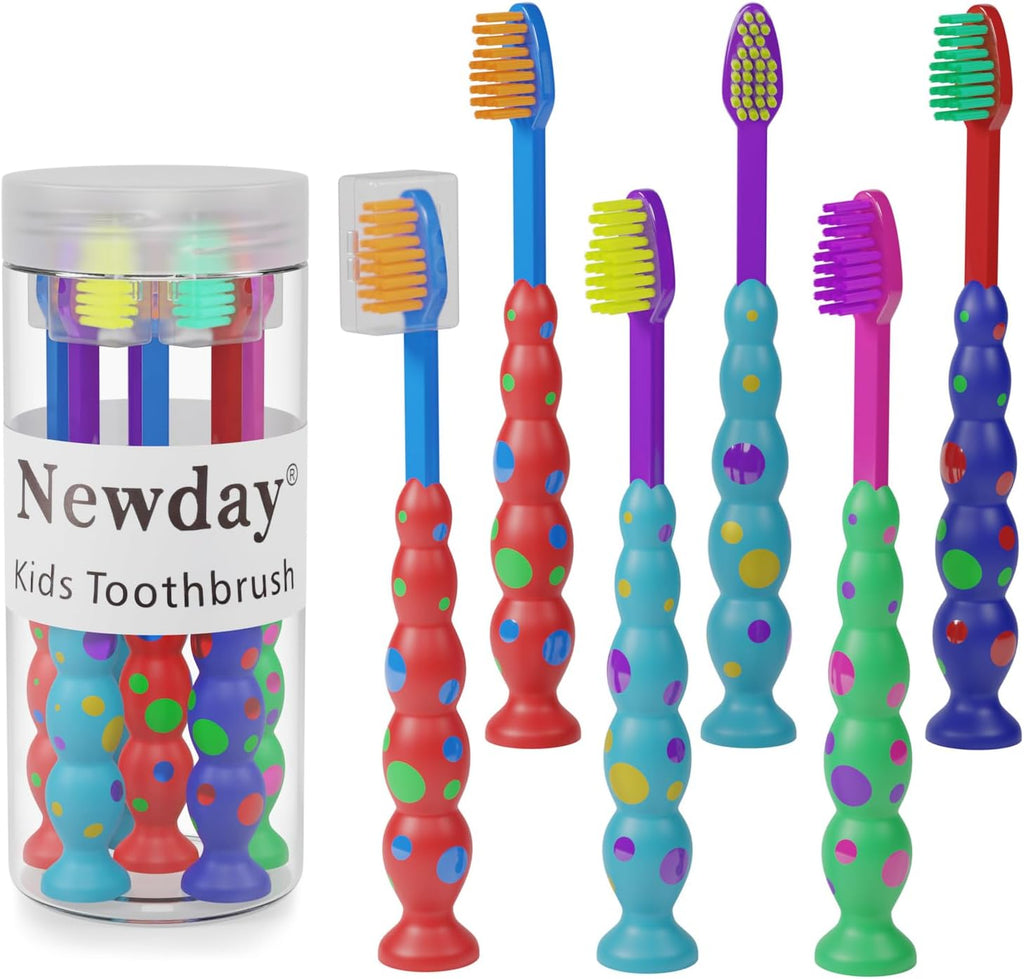 Newday Kids toothbrushes 6 Pack Set Soft Bristles Fun Lovely with Suction Cup, Includes Travel Covers, Animal toothbrushes for Kids Boys & Girls, Toddlers &Children Teeth (Multicolor)