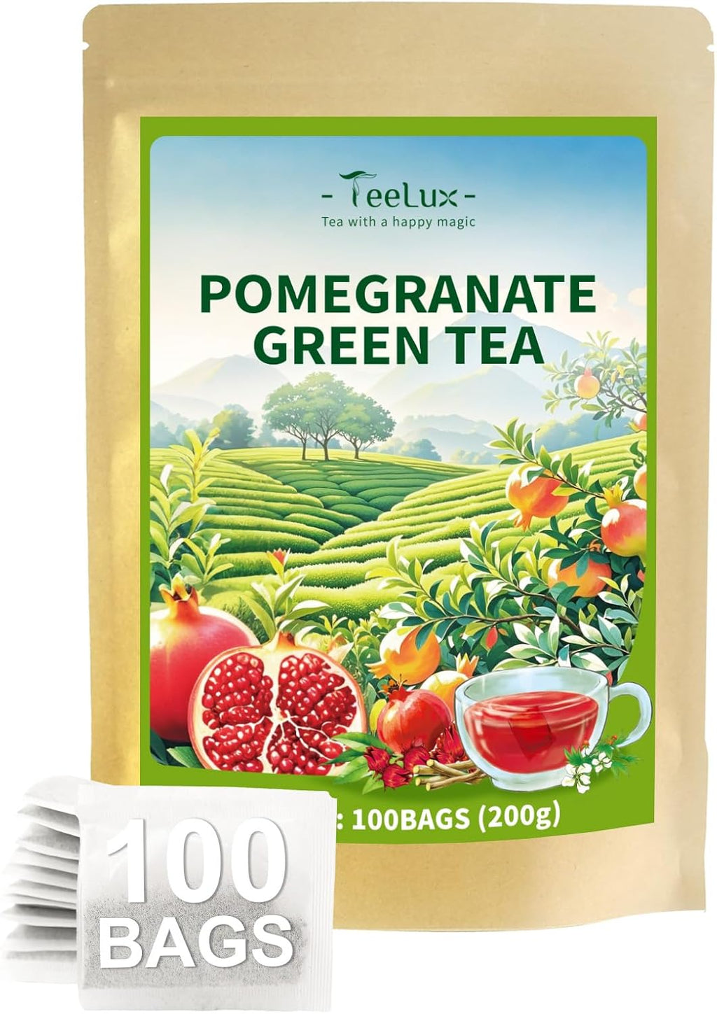 TeeLux Pomegranate Green Tea, Brisk Sencha Tea & Tart Hibiscus & Sweet Licorice & Natural Fruity Pomegranate Flavor, 100 Count
