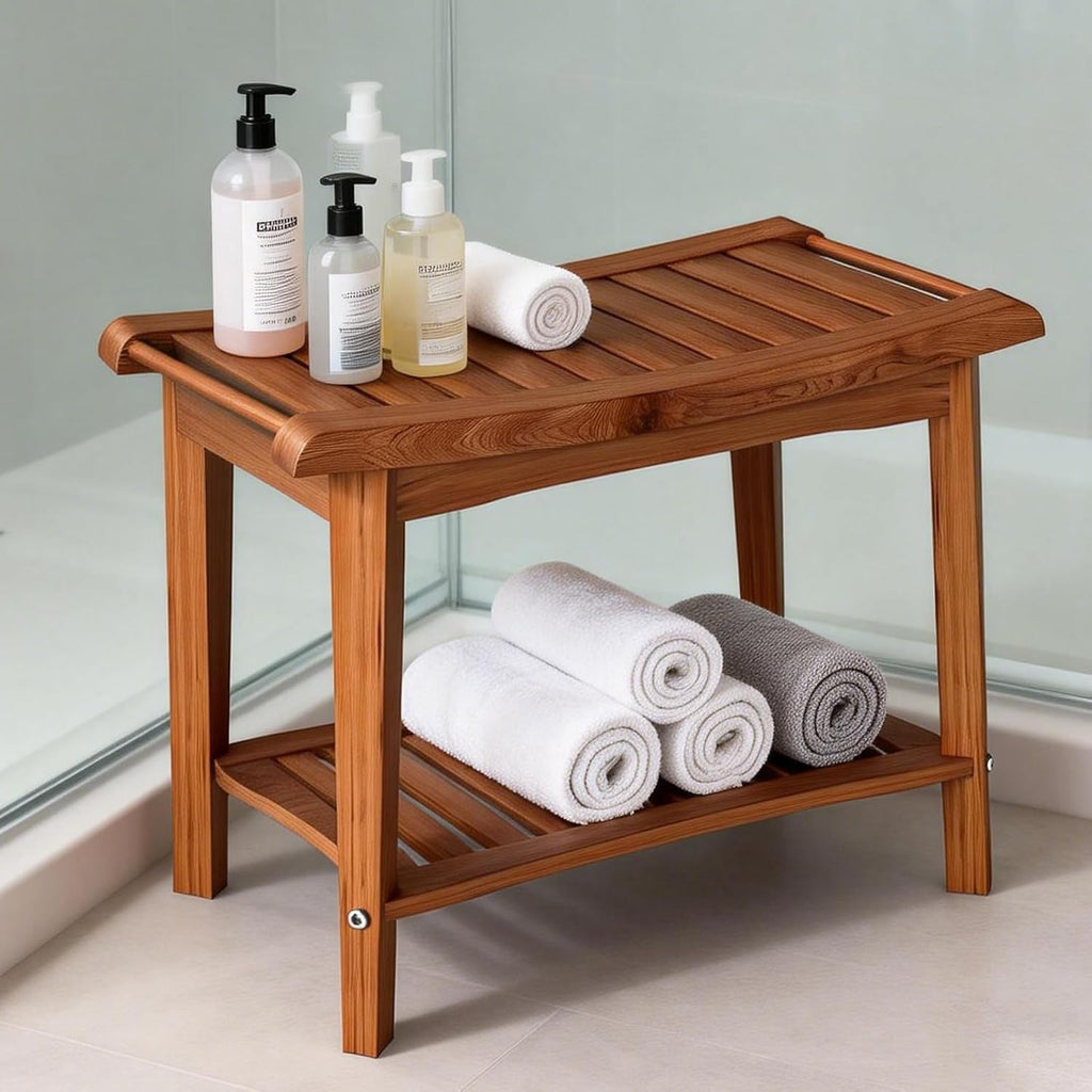 ZJchao Shower Bench, 60x33x46cm Wood Ergonomic Shower Stool with Storage Shelf and Handles Shower Stool Bath Bench for Bathroom Spa Outdoor Use Elegant Shower Seating Solution (Brown)