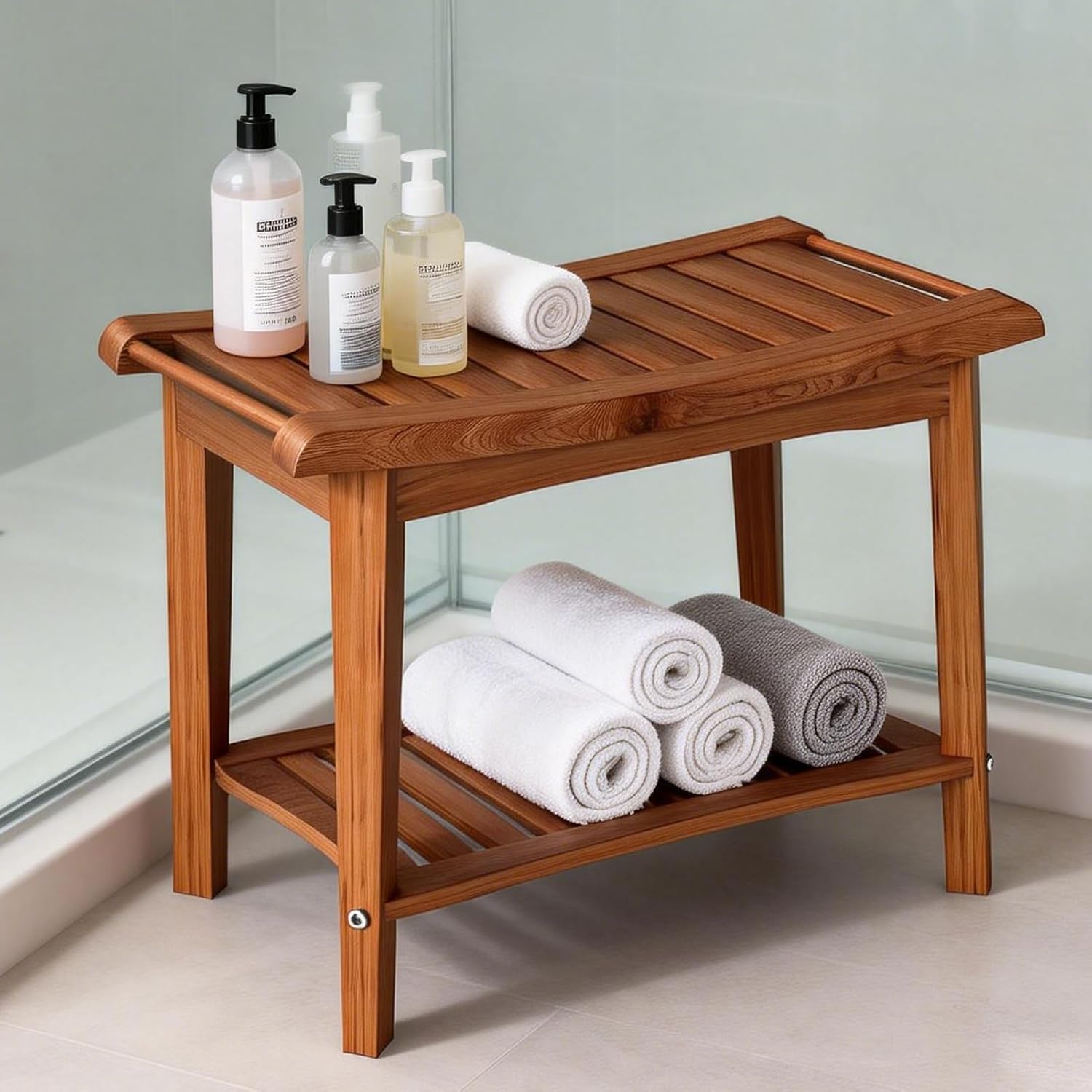 ZJchao Shower Bench, 60x33x46cm Wood Ergonomic Shower Stool with Storage Shelf and Handles Shower Stool Bath Bench for Bathroom Spa Outdoor Use Elegant Shower Seating Solution (Brown)