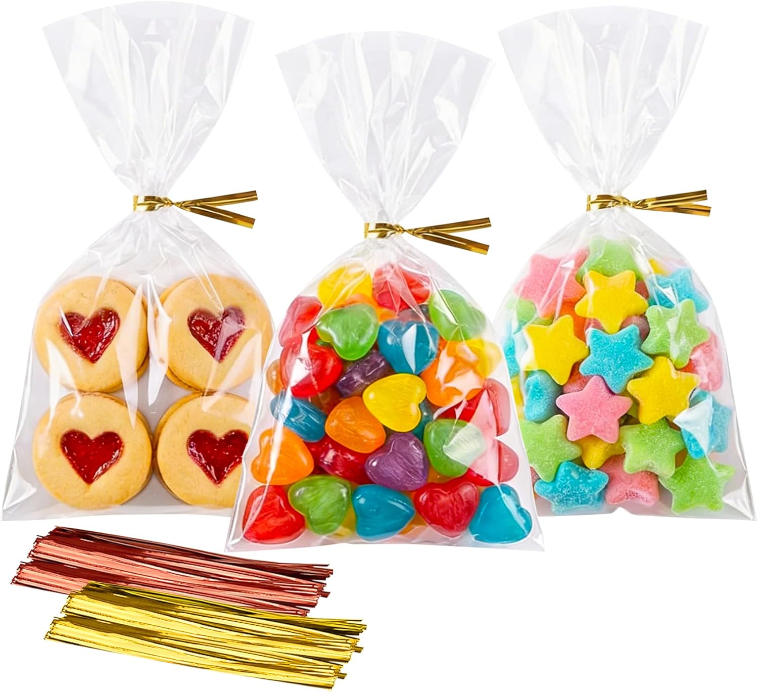 Morepack Cello Cellophane 4x6 Inches Cookie Bags 200 Pcs OPP Plastic Clear Treat Bags with 200 Twist Ties for Gift Wrapping,Packaging Candies,Dessert,Bakery,Chocolate,Party Favors
