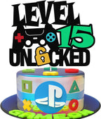 Level 15 Unlocked Sign Cake Topper - Happy 15th Birthday Level Up Tenth Cake Decorations for Video Game Controller Themed Kids Boy Girl Bday Party Supplies Double Sided