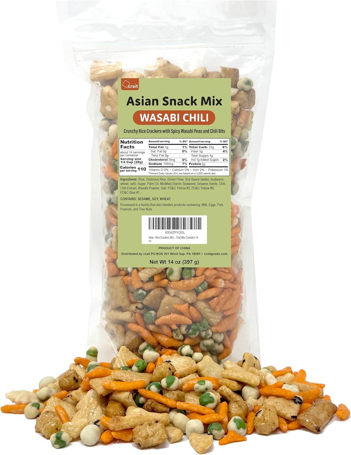 Wasabi Snack Mix 14 oz– Spicy Wasabi Peas & Asian Rice Crackers – Spicy Crispy Oriental Snack Blend, Bold Rigato Party Mix, Savory Party Snacks in Resealable Bag