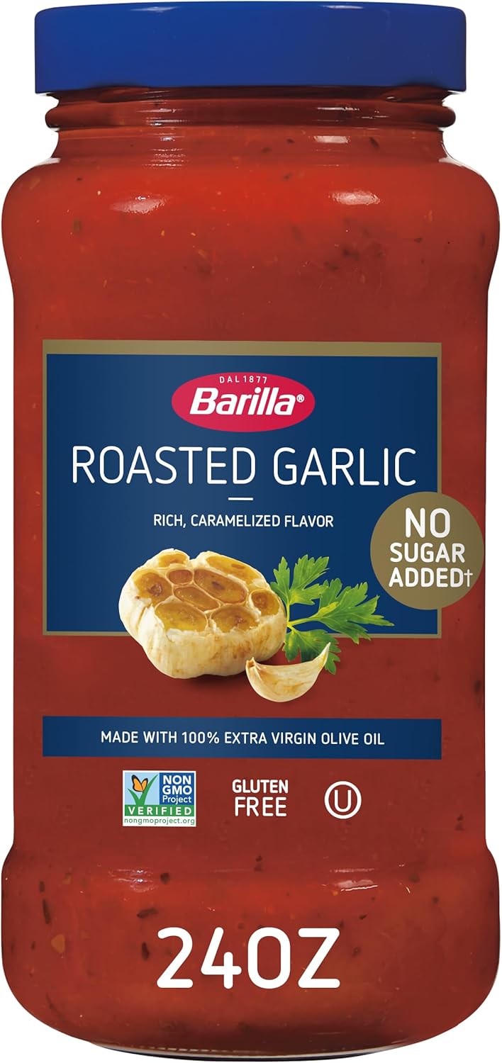 Barilla Pasta Sauce Roasted Garlic, 24 Ounce Jar - NO ADDED SUGAR - Made with 100% Extra Virgin Olive Oil - No Artificial Colors, Flavors or Preservatives - Non-GMO, Gluten Free, Kosher