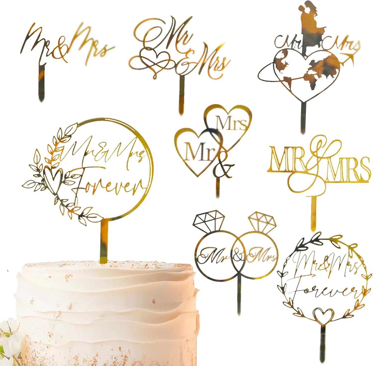 8 Pcs Mr and Mrs Cake Topper, Gold Acrylic Wedding Cake Toppers, Personalized Wedding Cake for Weddings, Engagement, Anniversary，Bridal Shower Cake Decoration