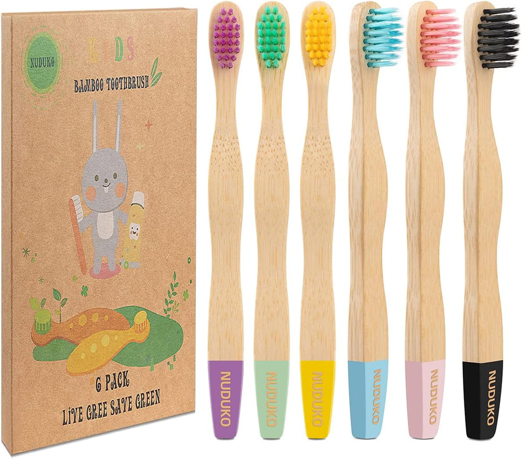 NUDUKO Kids Toothbrush Bamboo Toothbrushes 6 Pack - Organic Compostable Tooth Brush Wooden Baby Toddler Toothbrush, Eco-Friendly Natural Biodegradable Soft Bristle Toothbrush for Children