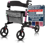 Vive Mobility Rollator Walker - Folding 4 Wheel Medical Rolling Walker with Seat & Bag - Mobility Aid for Adult, Senior, Elderly & Handicap - Aluminum Transport Chair (Pink)